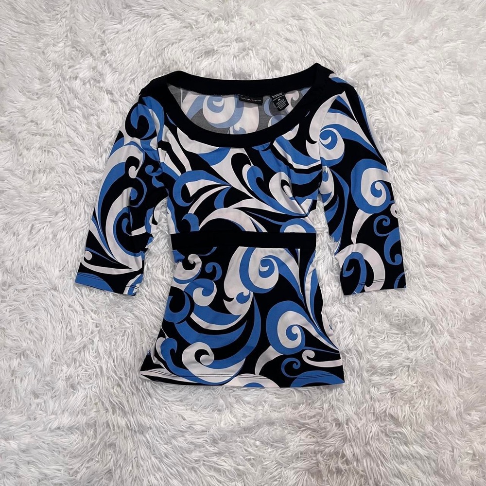 y2k blue, black, & white swirl print baby doll tie top medium